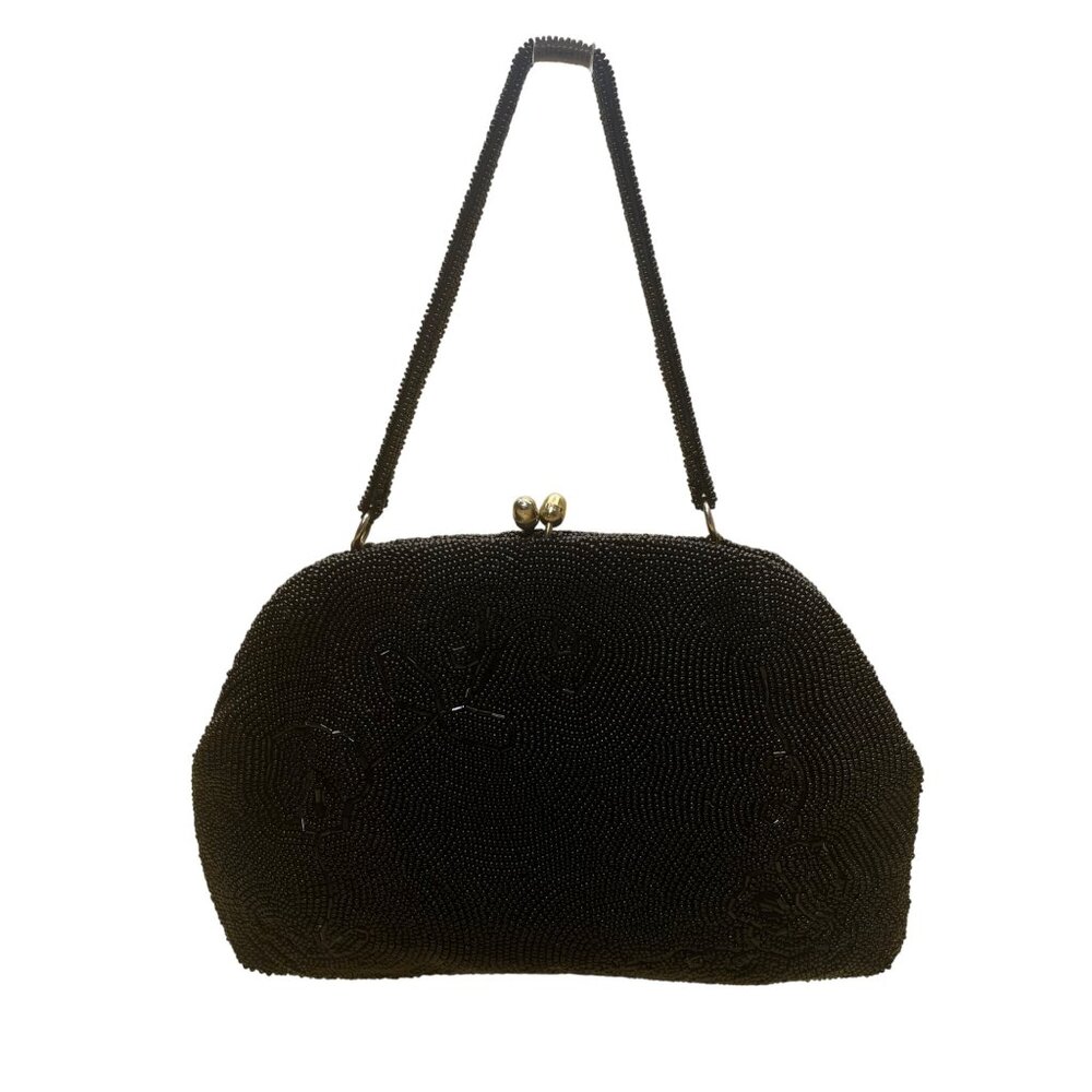 Vintage Women’s Black Beaded With Metal Kiss Lock Closure Evening Handbag